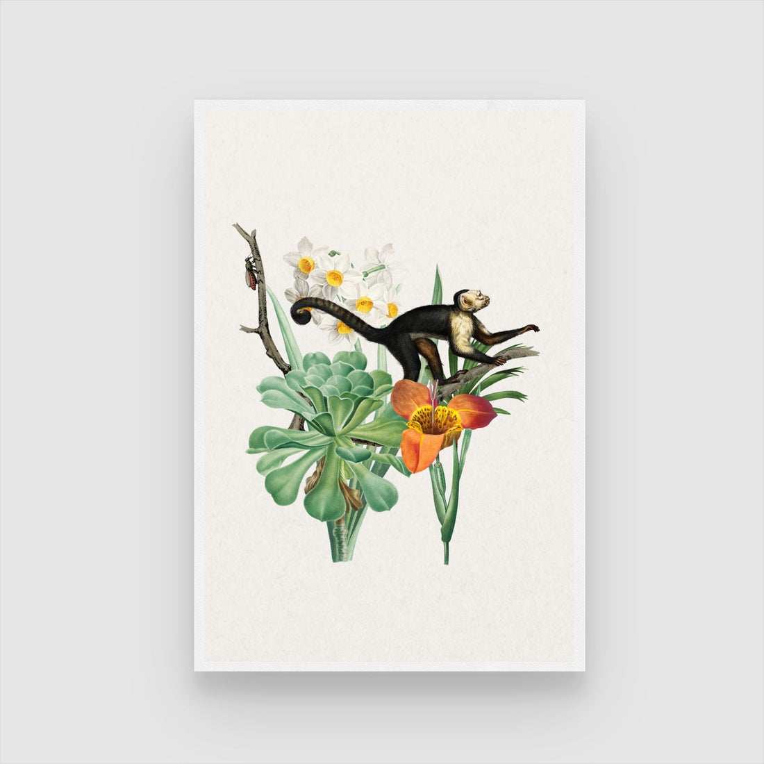 Curious Monkey & Tropical Blooms — Botanical Animal Print 2 : 3 Vertical Premium Wall Art Canvas by MeriDeewar