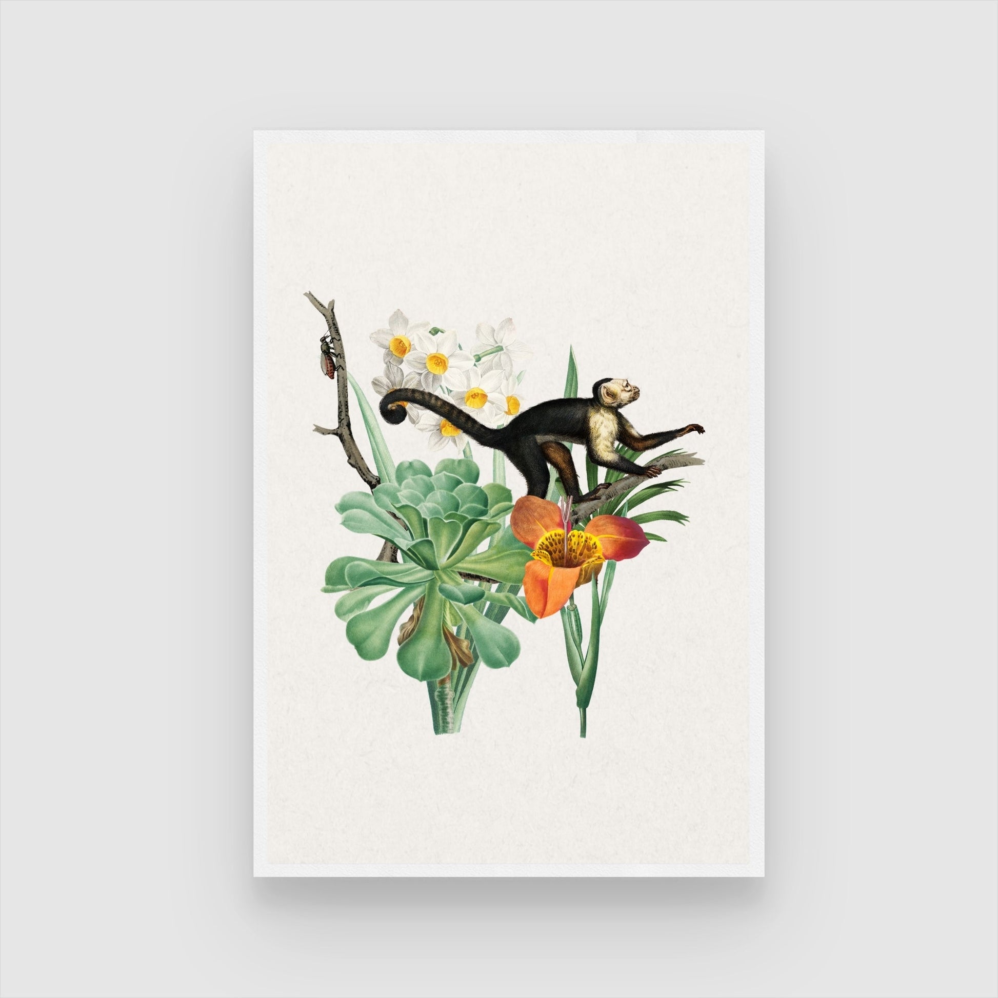 Curious Monkey & Tropical Blooms — Botanical Animal Print 2 : 3 Vertical Premium Wall Art Canvas by MeriDeewar