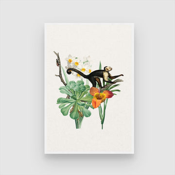 Curious Monkey & Tropical Blooms — Botanical Animal Print 2 : 3 Vertical Premium Wall Art Canvas by MeriDeewar