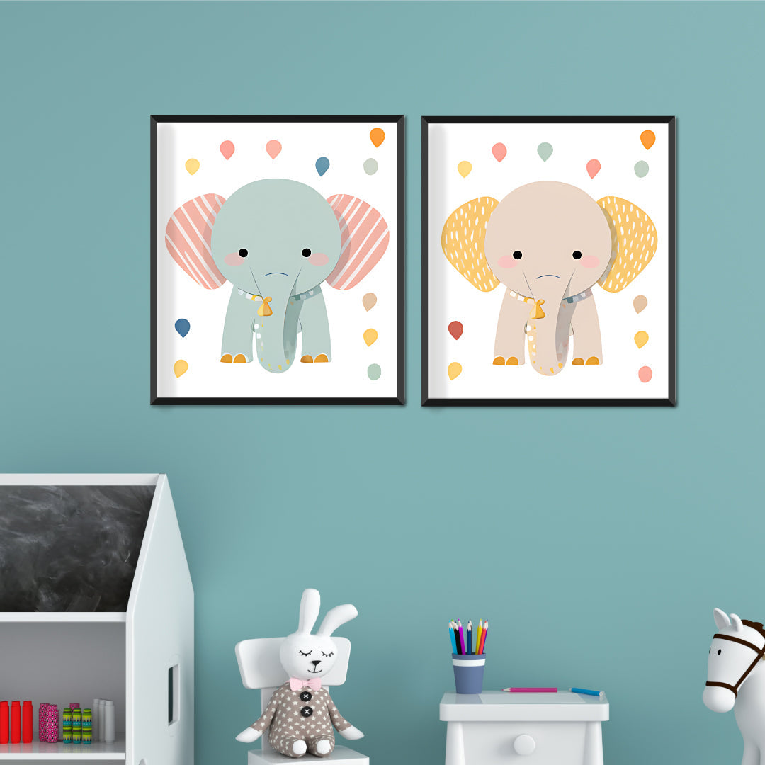 Cute Baby Elephant Wall Art Set Of 2 Walls Premium Wall Art Canvas by MeriDeewar