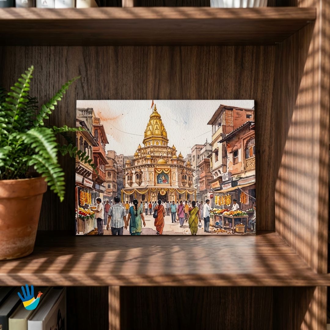 Dagdusheth Ganpati Temple | Pune Sacred Temple Watercolor Framed Art 4 : 3 Horizontal Premium Wall Art Canvas by MeriDeewar