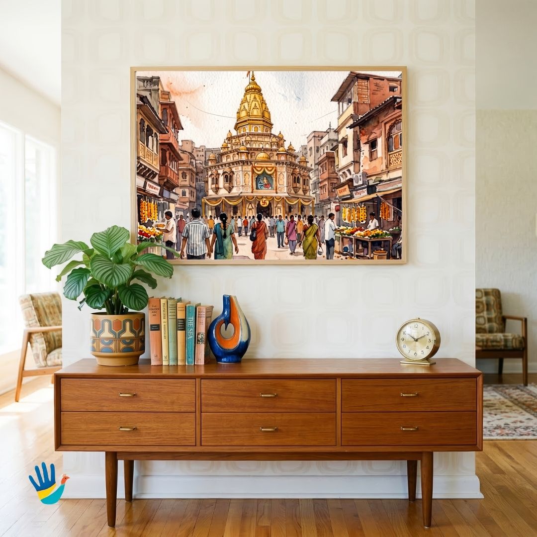Dagdusheth Ganpati Temple | Pune Sacred Temple Watercolor Framed Art 4 : 3 Horizontal Premium Wall Art Canvas by MeriDeewar