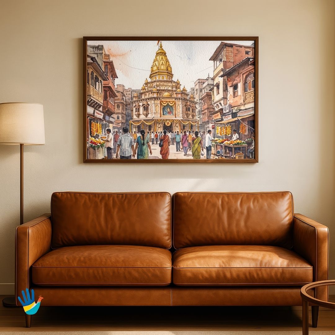 Dagdusheth Ganpati Temple | Pune Sacred Temple Watercolor Framed Art 4 : 3 Horizontal Premium Wall Art Canvas by MeriDeewar