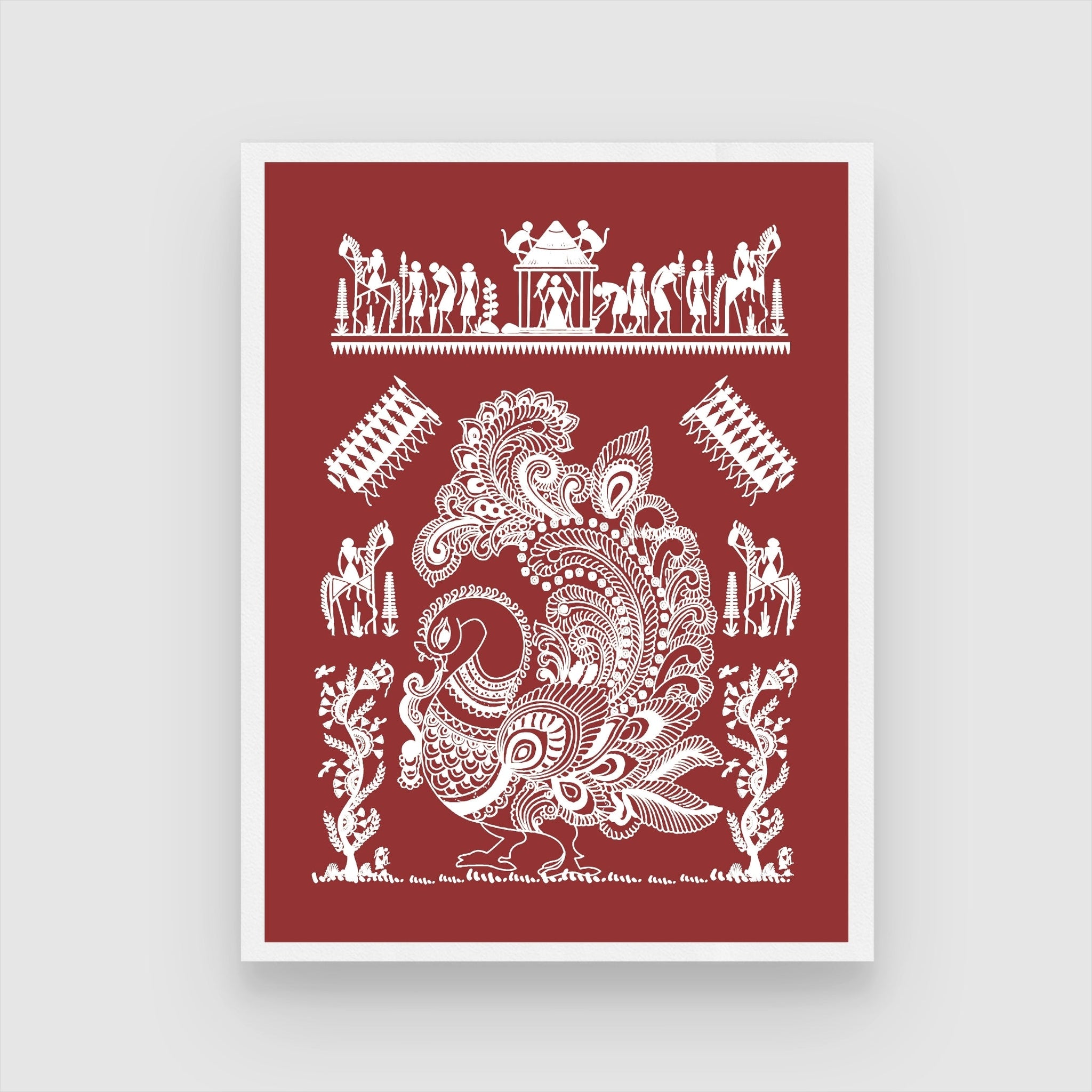 Daily Rhythms Warli Painting: 'Whispers of the Land' - Rural Art 3 : 4 Vertical New Premium Wall Art Canvas by MeriDeewar