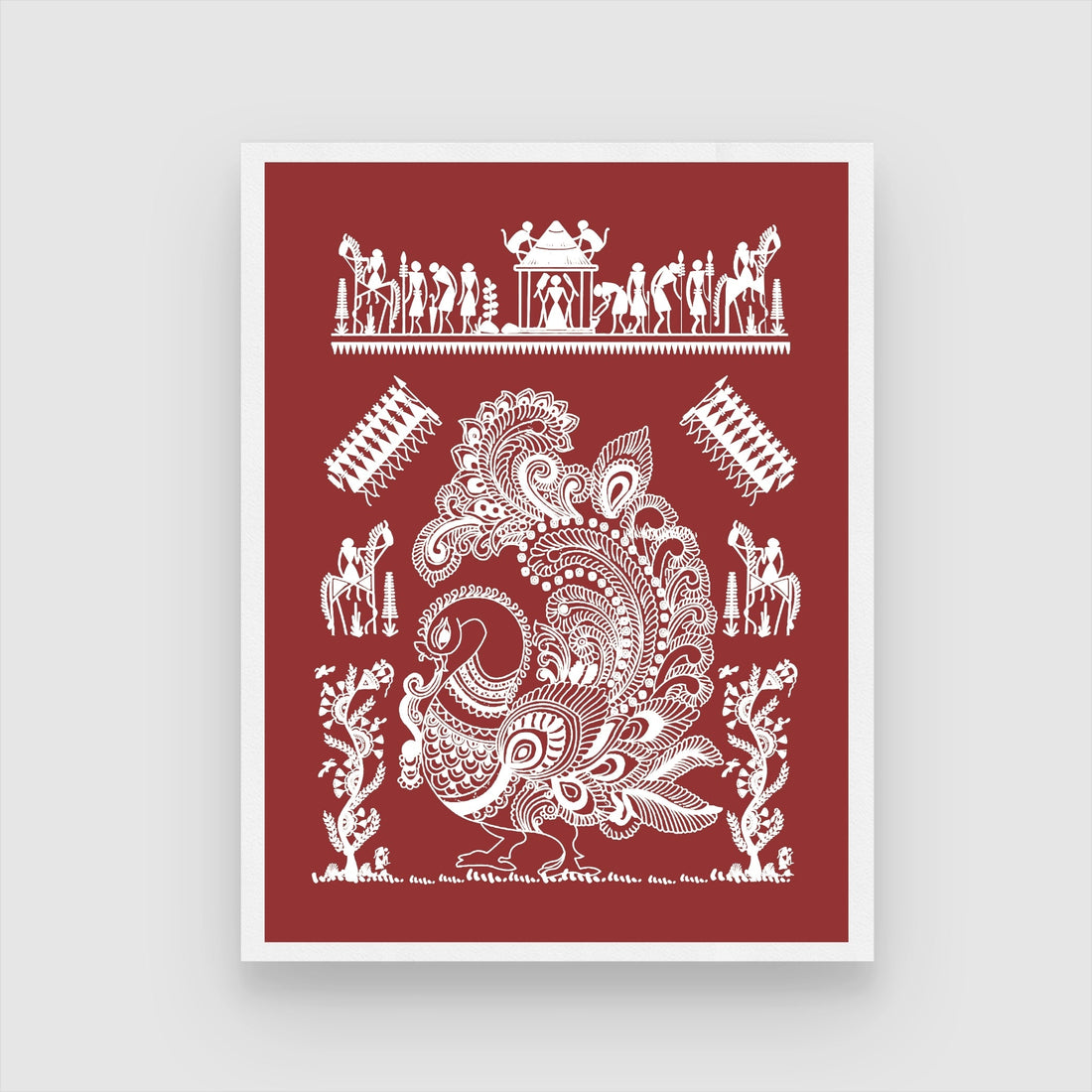 Daily Rhythms Warli Painting: 'Whispers of the Land' - Rural Art 3 : 4 Vertical New Premium Wall Art Canvas by MeriDeewar