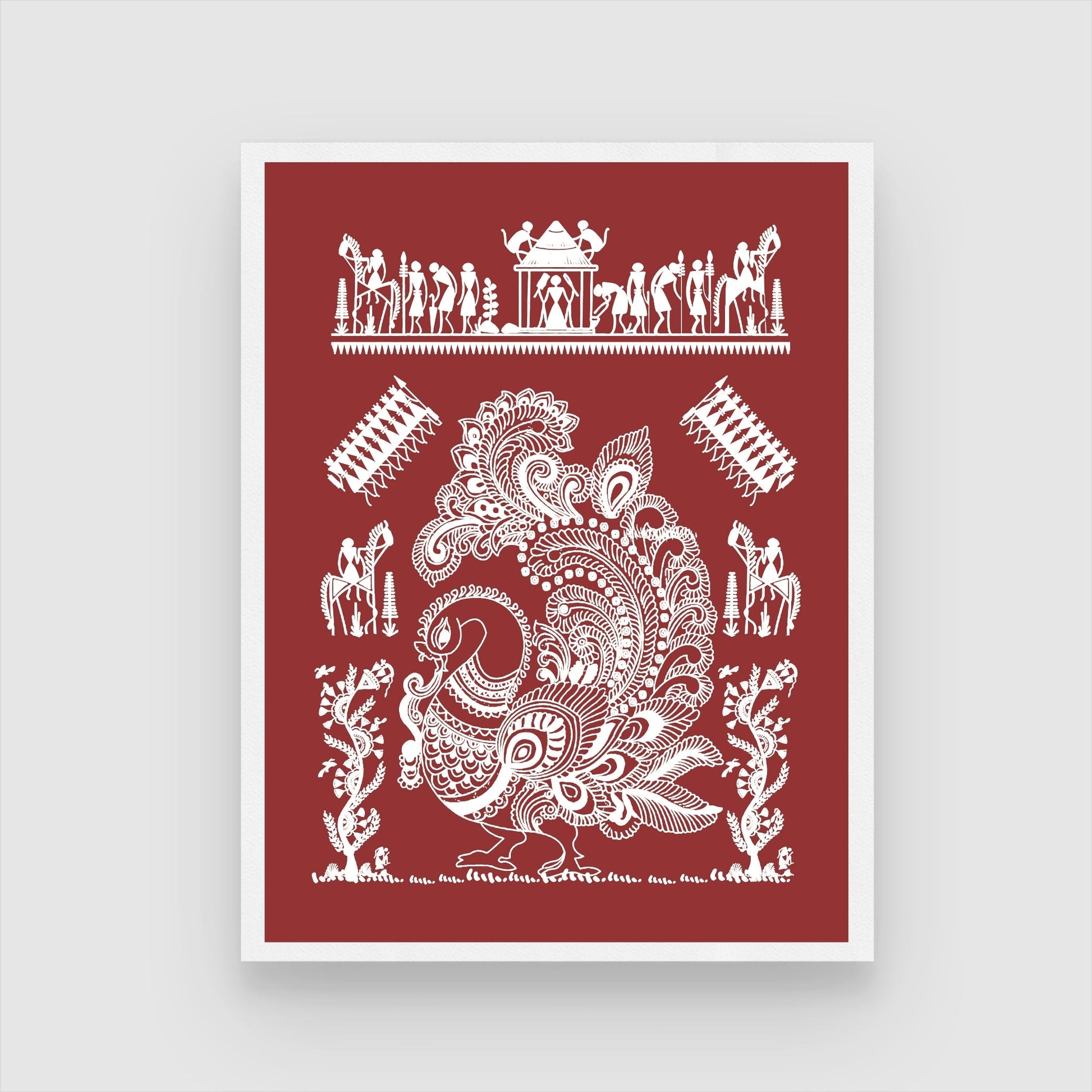 Daily Rhythms Warli Painting: 'Whispers of the Land' - Rural Art 3 : 4 Vertical New Premium Wall Art Canvas by MeriDeewar