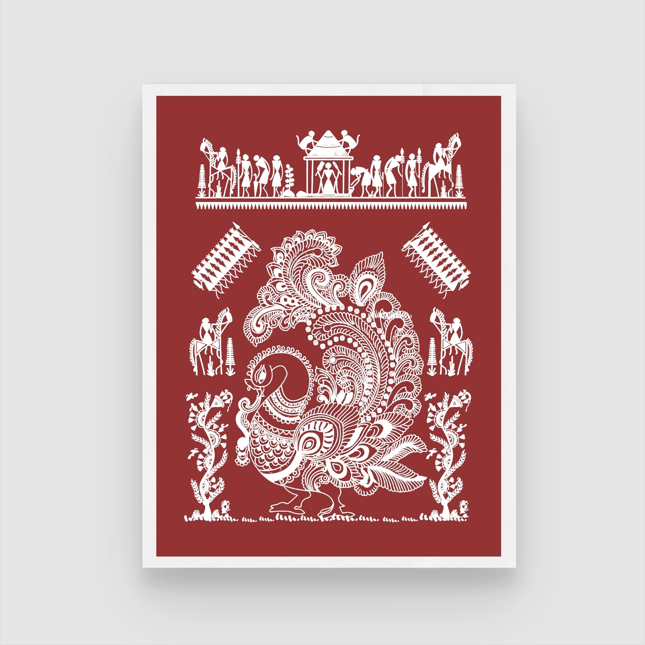 Daily Rhythms Warli Painting: 'Whispers of the Land' - Rural Art 3 : 4 Vertical New Premium Wall Art Canvas by MeriDeewar