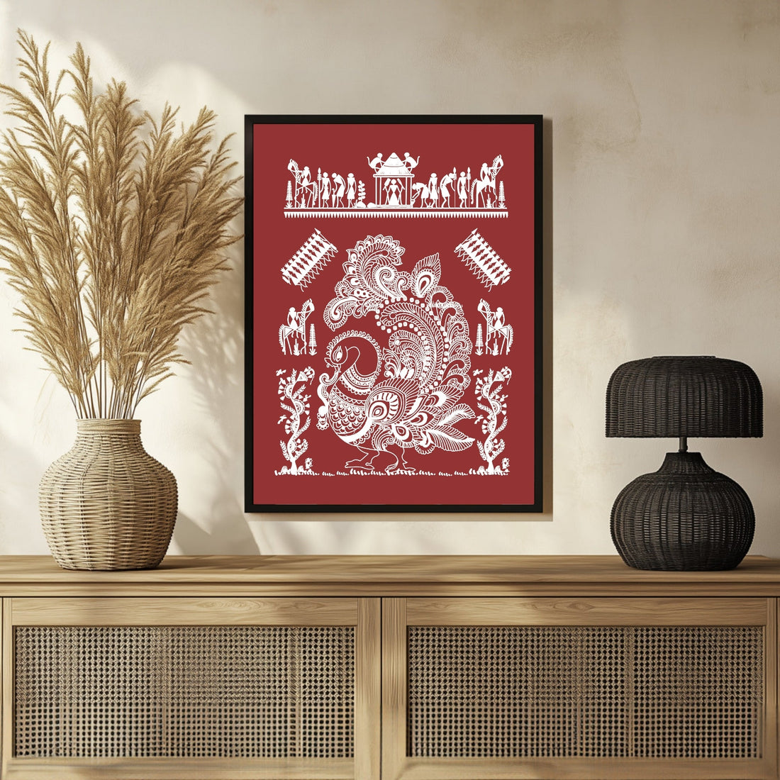 Daily Rhythms Warli Painting: 'Whispers of the Land' - Rural Art 3 : 4 Vertical New Premium Wall Art Canvas by MeriDeewar