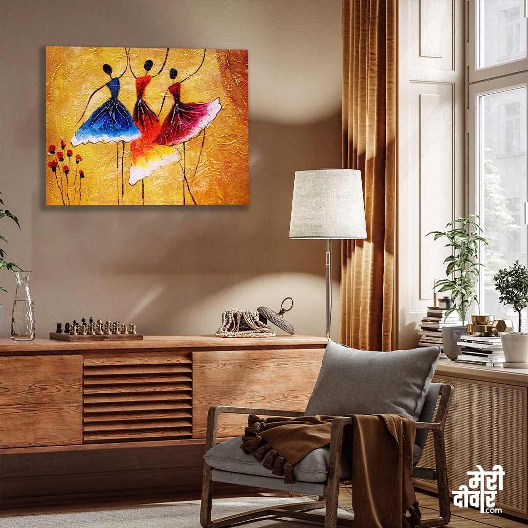 Dancing Ballerinas Wall Painting for Living Room | Colourful Figurative Art Print 4 : 3 Horizontal Premium Wall Art Canvas by MeriDeewar