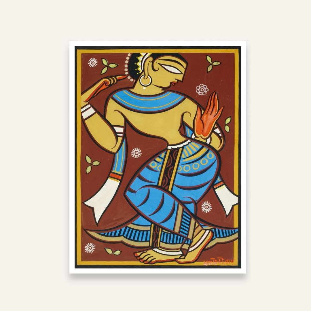 Dancing Gopi Folk Art Painting for Living Room – Jamini Roy Style | Wall Art India 2 : 3 Vertical Premium Wall Art Canvas by MeriDeewar