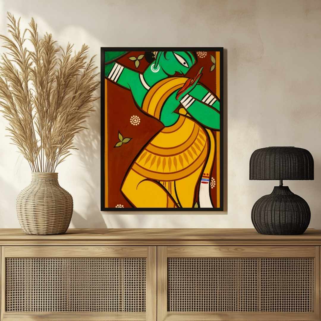 "Dancing Woman in Green" Jamini Roy Painting | Fine Art Wall Art 2 : 3 Vertical Premium Wall Art Canvas by MeriDeewar
