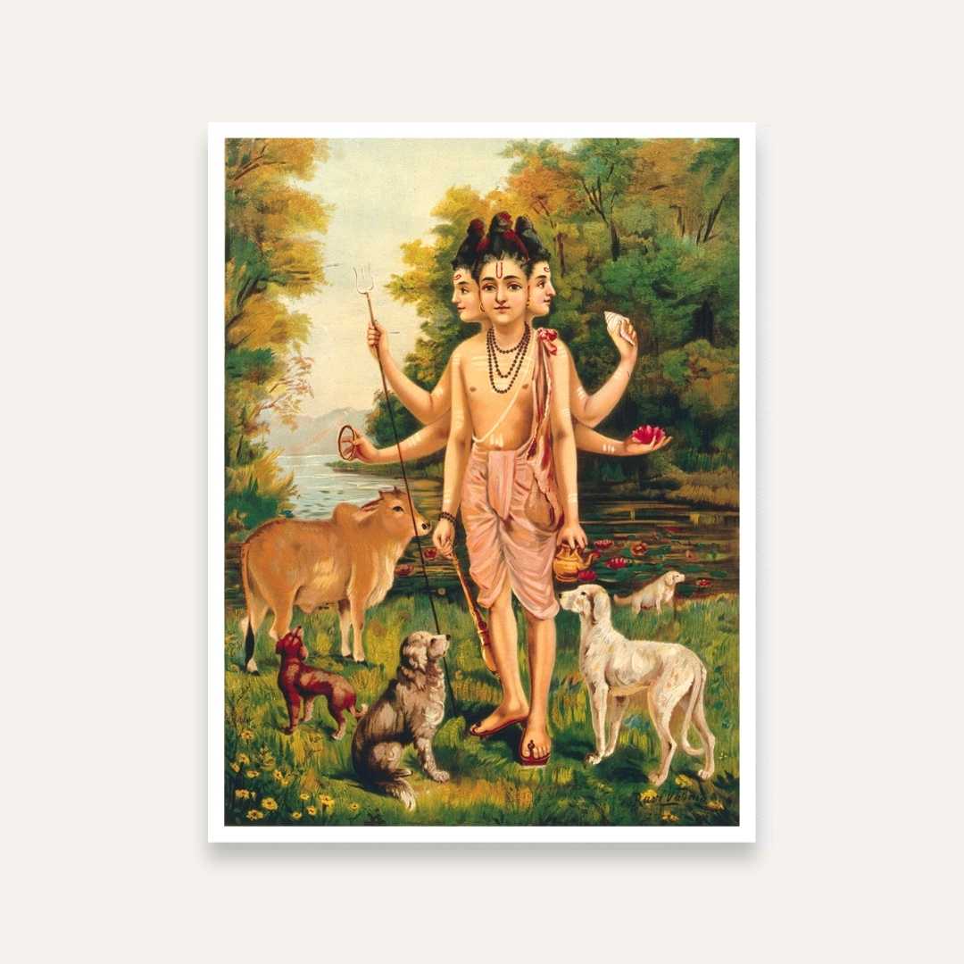 Dattatreya Painting for Pooja Room | Spiritual Wall Art with Cow & Dogs | Raja Ravi Varma Print 3 : 4 Vertical Premium Wall Art Canvas by MeriDeewar
