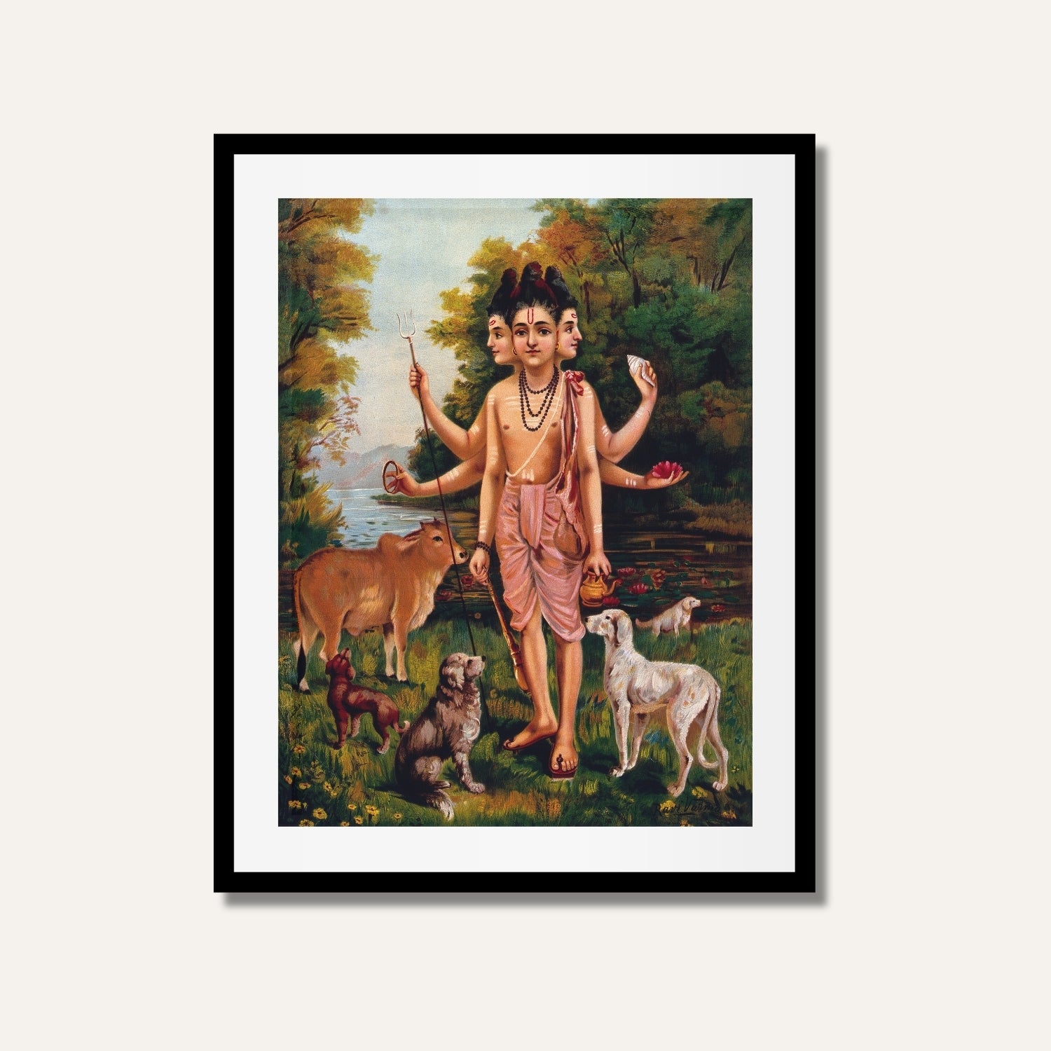 Dattatreya with Four Dogs and Cow Painting | Indian Spiritual Wall Art by MeriDeewar 4 X 5.5 Vertical Premium Wall Art Canvas by MeriDeewar