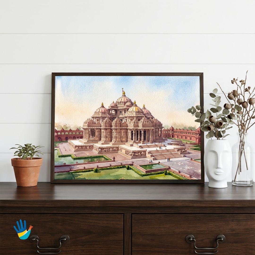 The Akshardham Mandir | Delhi Pink Sandstone Temple Watercolor Framed Art 4 : 3 Horizontal Premium Wall Art Canvas by MeriDeewar