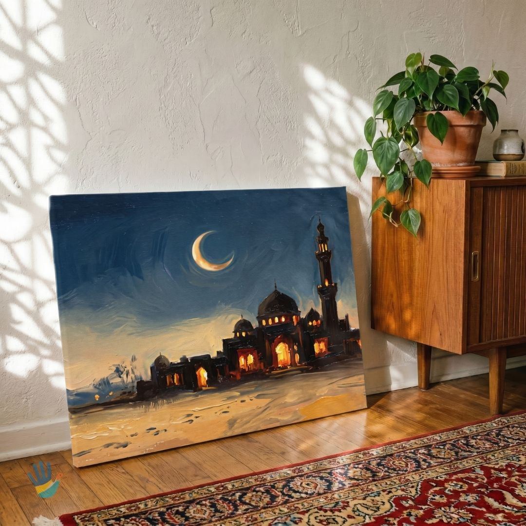Desert Mosque & Crescent Moon | Islamic Wall Art 3 : 2 Horizontal Premium Wall Art Canvas by MeriDeewar