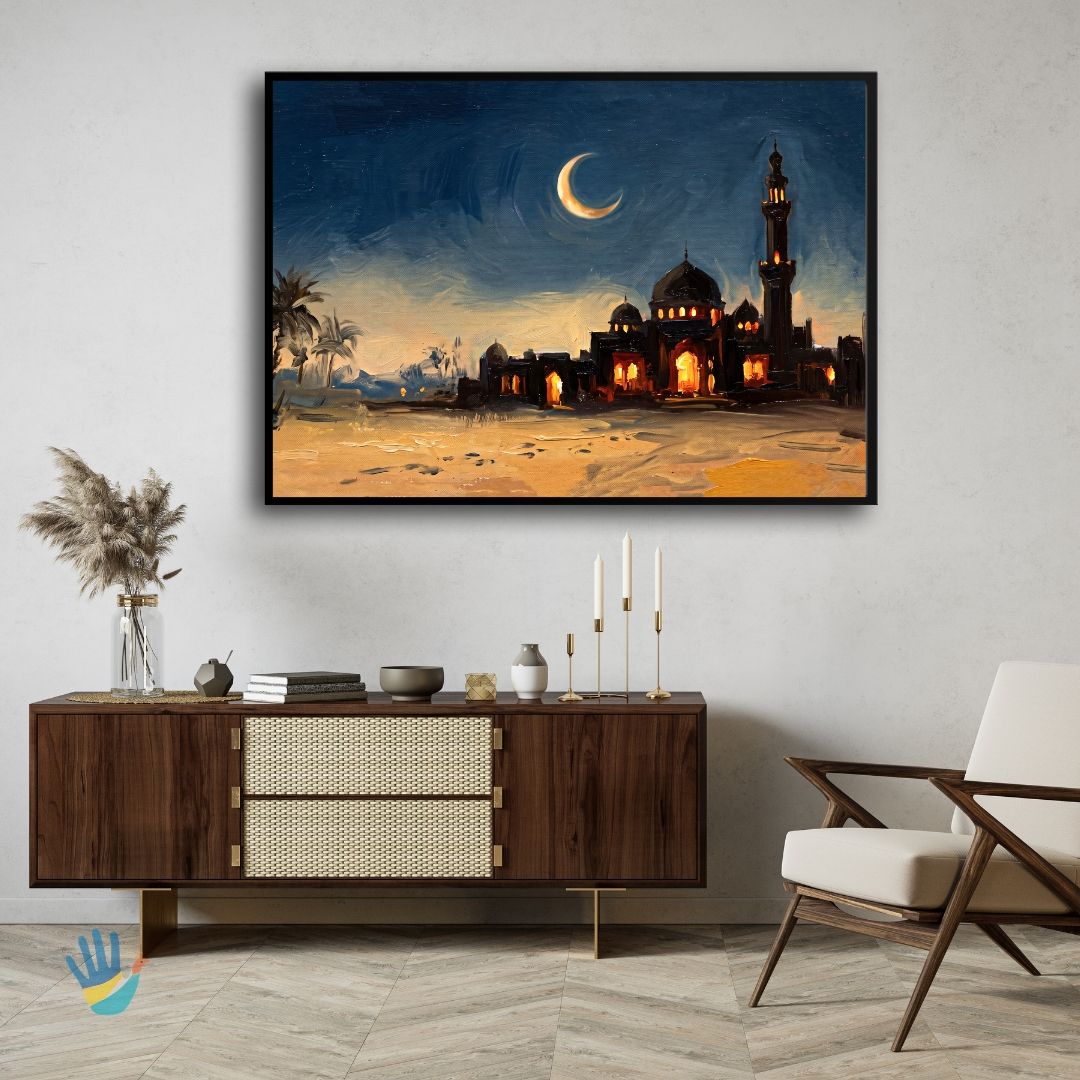 Desert Mosque & Crescent Moon | Islamic Wall Art 3 : 2 Horizontal Premium Wall Art Canvas by MeriDeewar