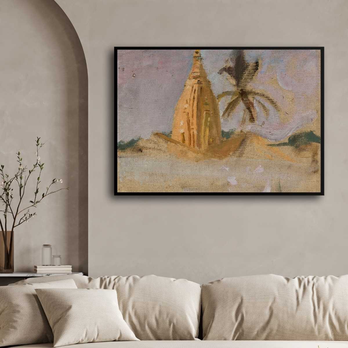 Desert Temple & Palm Oil Painting | Horizontal Framed Print 4 : 3 Horizontal Premium Wall Art Canvas by MeriDeewar