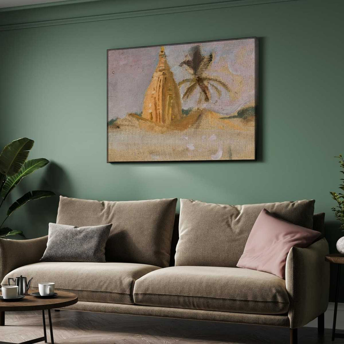 Desert Temple & Palm Oil Painting | Horizontal Framed Print 4 : 3 Horizontal Premium Wall Art Canvas by MeriDeewar