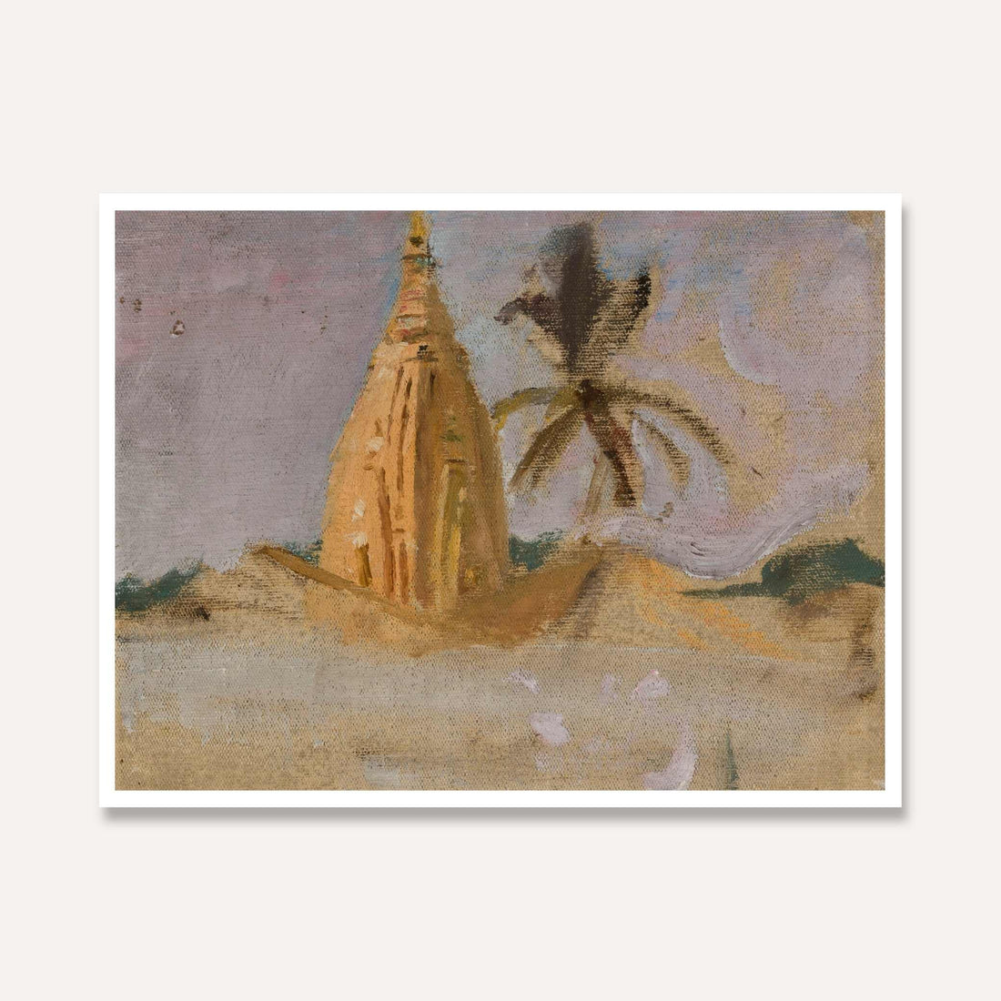Desert Temple & Palm Oil Painting | Horizontal Framed Print 4 : 3 Horizontal Premium Wall Art Canvas by MeriDeewar