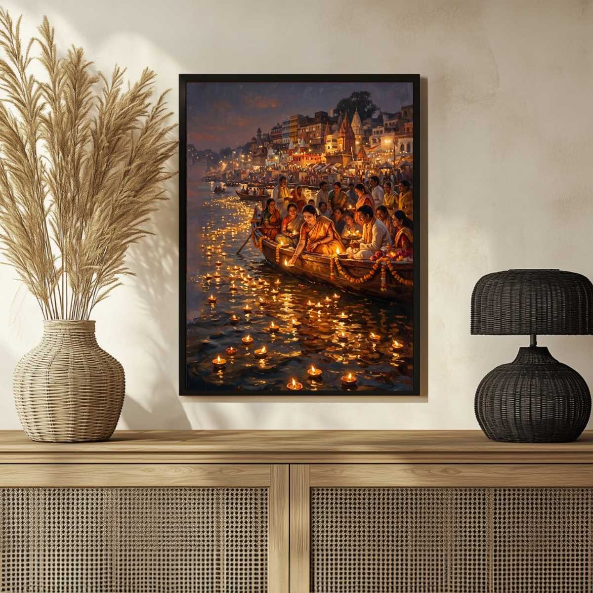 Devotees Offering Diyas on Ganges Wall Art | Edge-to-Edge Vertical Oil Painting 2 : 3 Vertical Premium Wall Art Canvas by MeriDeewar