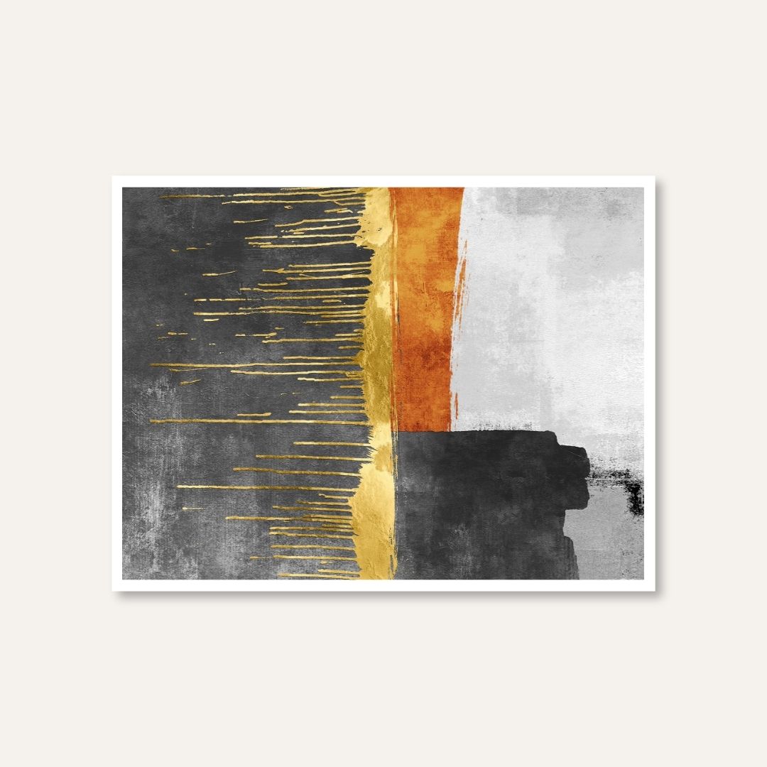 Dharani Gold | Gold Leaf & Charcoal Color-Block Abstract Wall Art 4 : 3 Horizontal Premium Wall Art Canvas by MeriDeewar