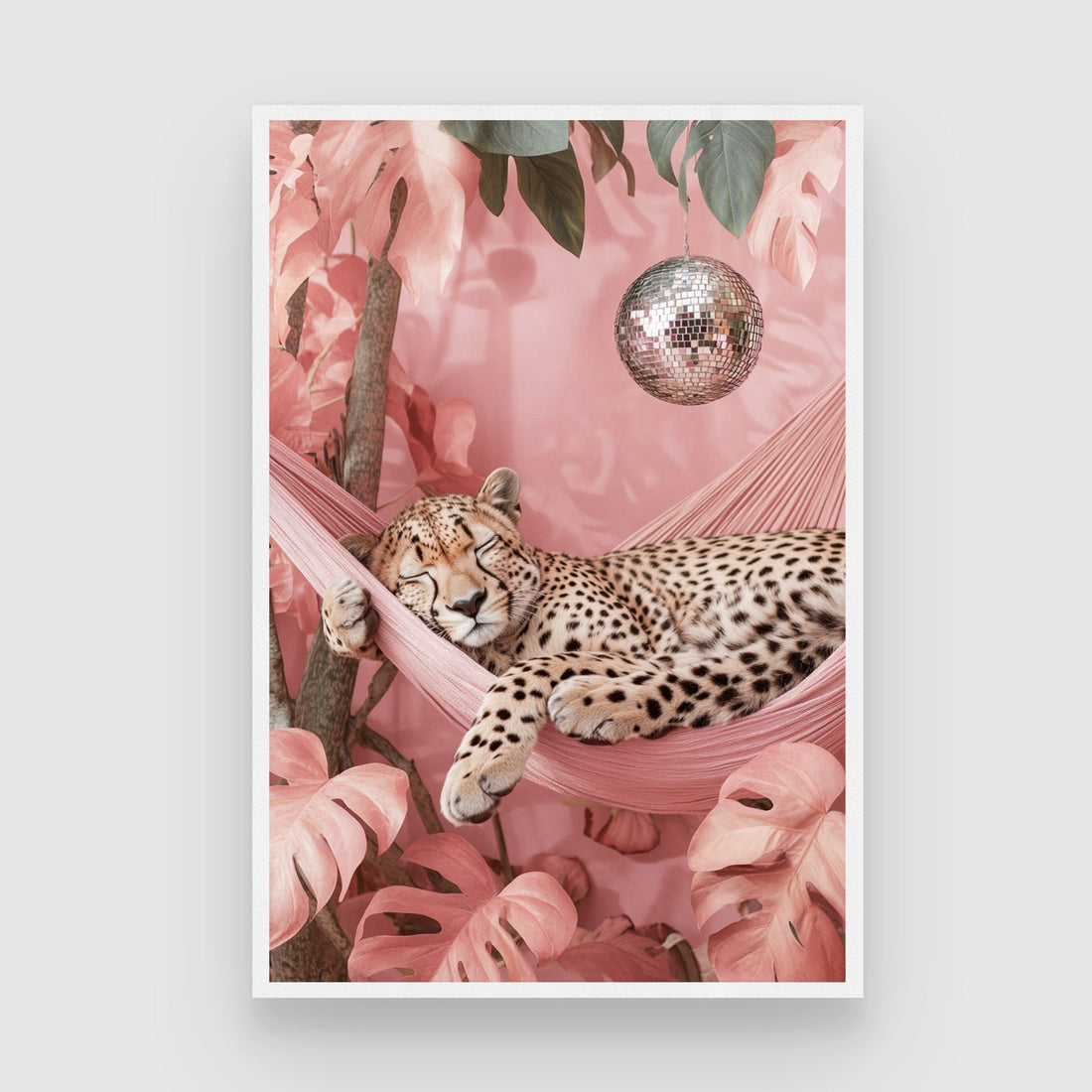 Disco Nap – Leopard in Pink Hammock Wall Art 2 : 3 Vertical Premium Wall Art Canvas by MeriDeewar