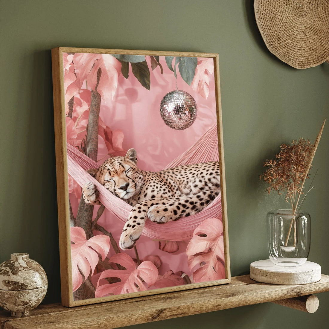 Disco Nap – Leopard in Pink Hammock Wall Art 2 : 3 Vertical Premium Wall Art Canvas by MeriDeewar