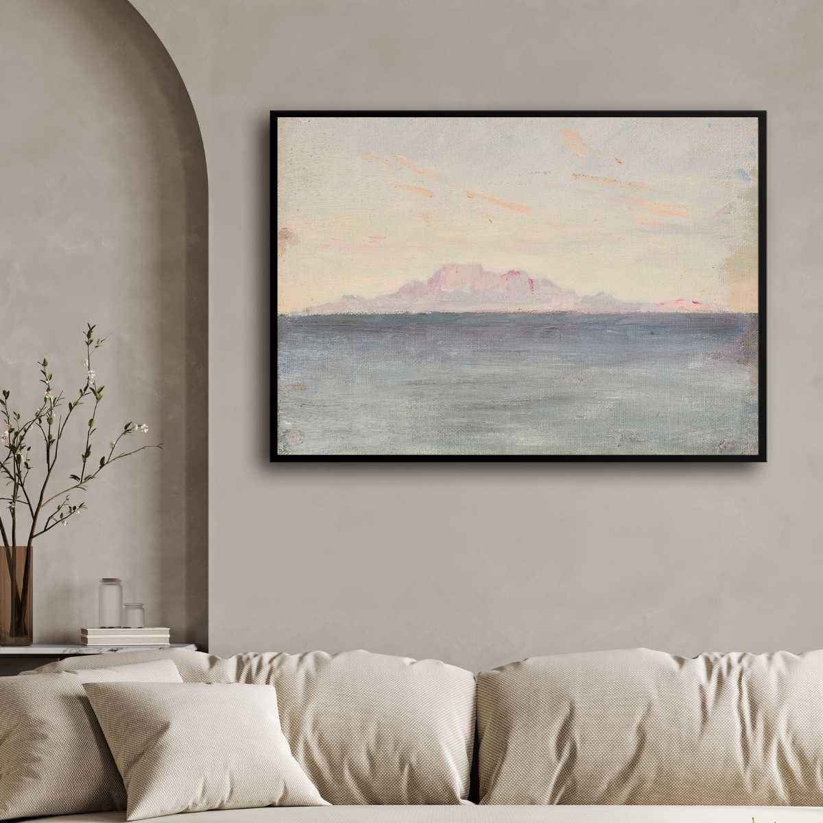 Distant Mountain Seascape Oil Painting | Horizontal Framed Print 4 : 3 Horizontal Premium Wall Art Canvas by MeriDeewar