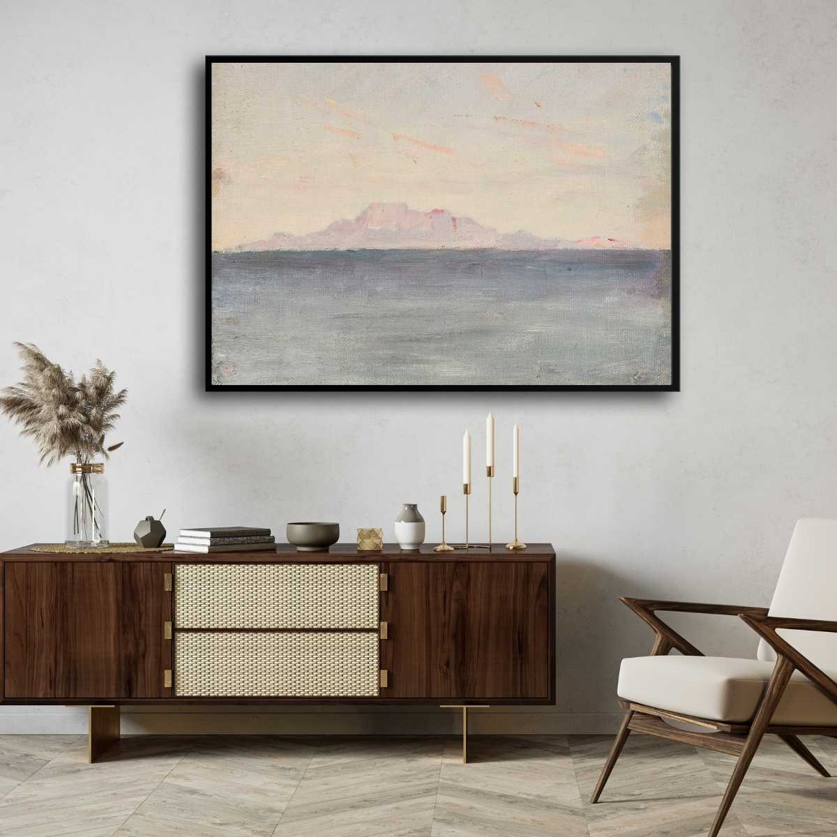 Distant Mountain Seascape Oil Painting | Horizontal Framed Print 4 : 3 Horizontal Premium Wall Art Canvas by MeriDeewar