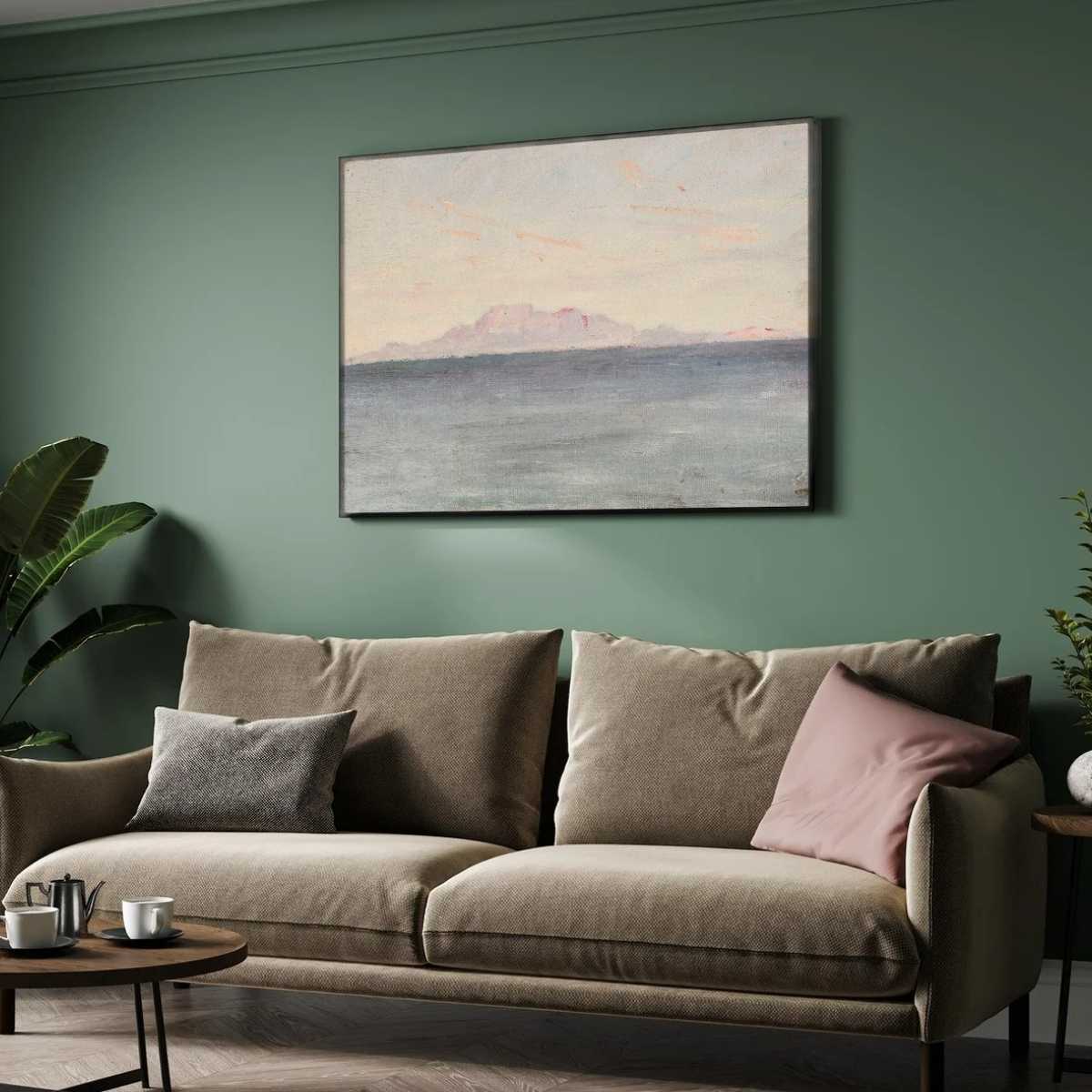 Distant Mountain Seascape Oil Painting | Horizontal Framed Print 4 : 3 Horizontal Premium Wall Art Canvas by MeriDeewar