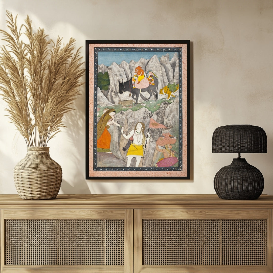Divine Descent: Shiva's Family Mount Kailasa Painting - MeriDeewar 3 : 4 Vertical New Premium Wall Art Canvas by MeriDeewar