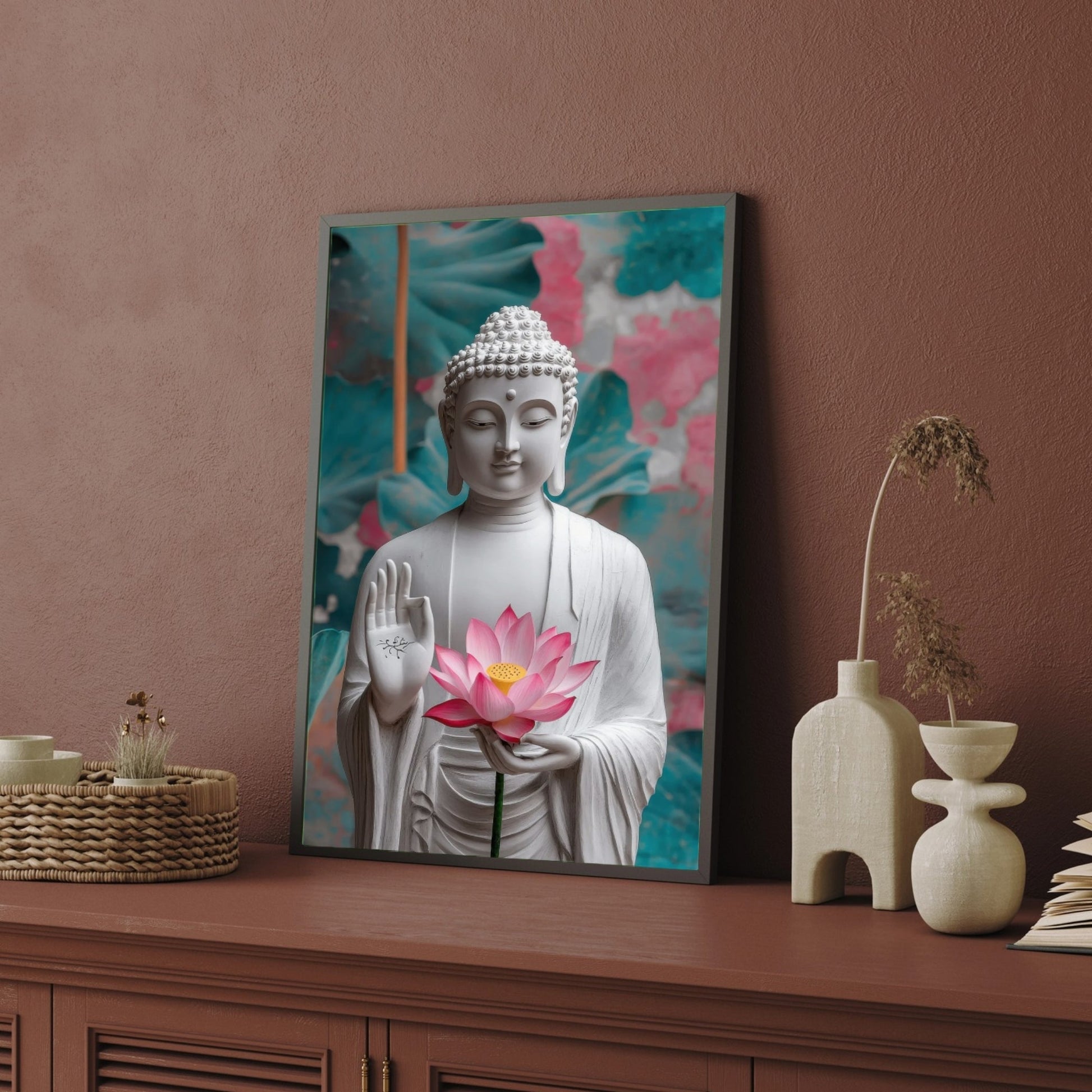 Divine Grace – White Buddha with Lotus Canvas Wall Art 2 : 3 Vertical Premium Wall Art Canvas by MeriDeewar
