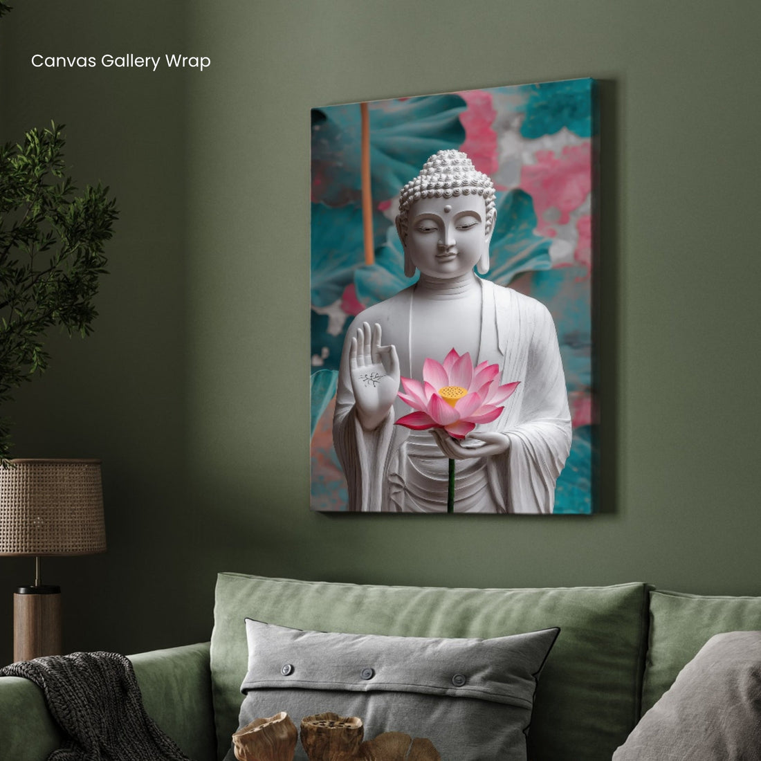 Divine Grace – White Buddha with Lotus Canvas Wall Art 2 : 3 Vertical Premium Wall Art Canvas by MeriDeewar
