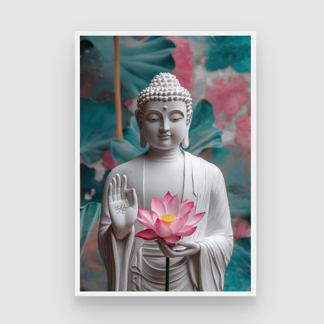Divine Grace – White Buddha with Lotus Canvas Wall Art 2 : 3 Vertical Premium Wall Art Canvas by MeriDeewar