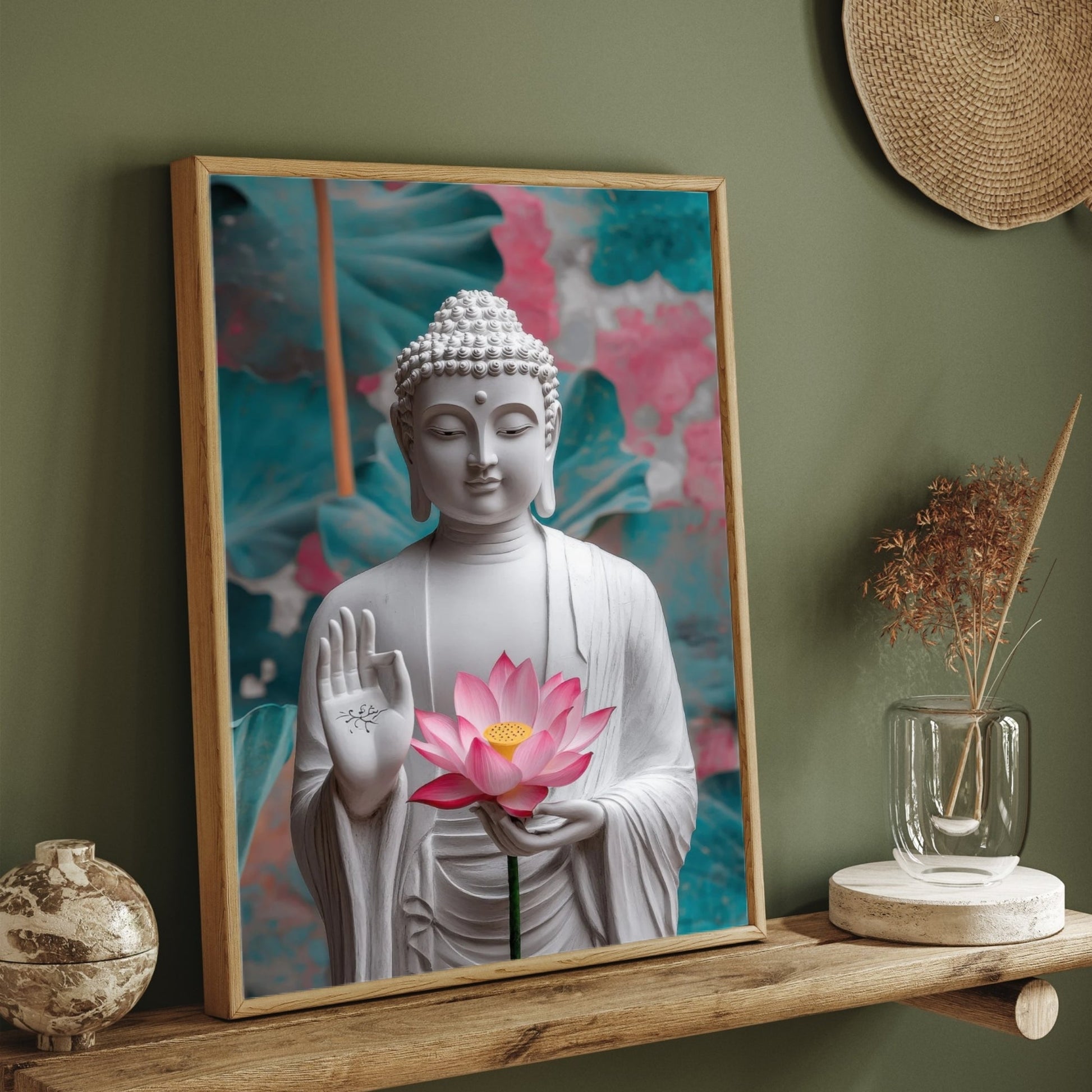 Divine Grace – White Buddha with Lotus Canvas Wall Art 2 : 3 Vertical Premium Wall Art Canvas by MeriDeewar