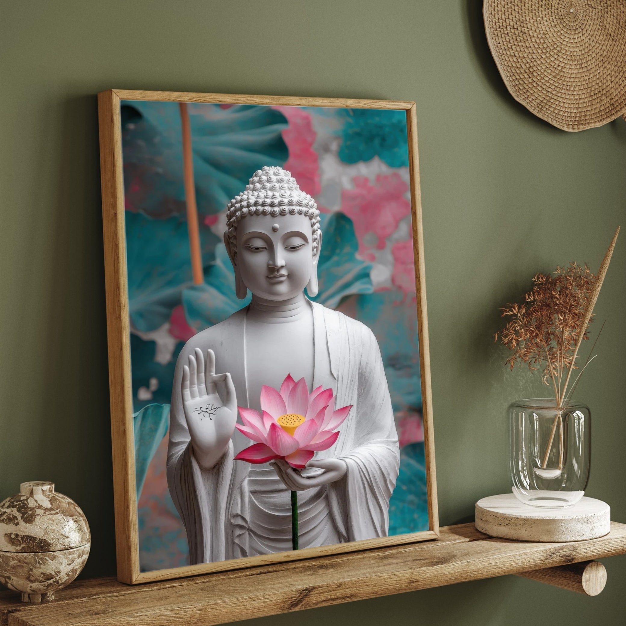 Divine Grace – White Buddha with Lotus Canvas Wall Art 2 : 3 Vertical Premium Wall Art Canvas by MeriDeewar