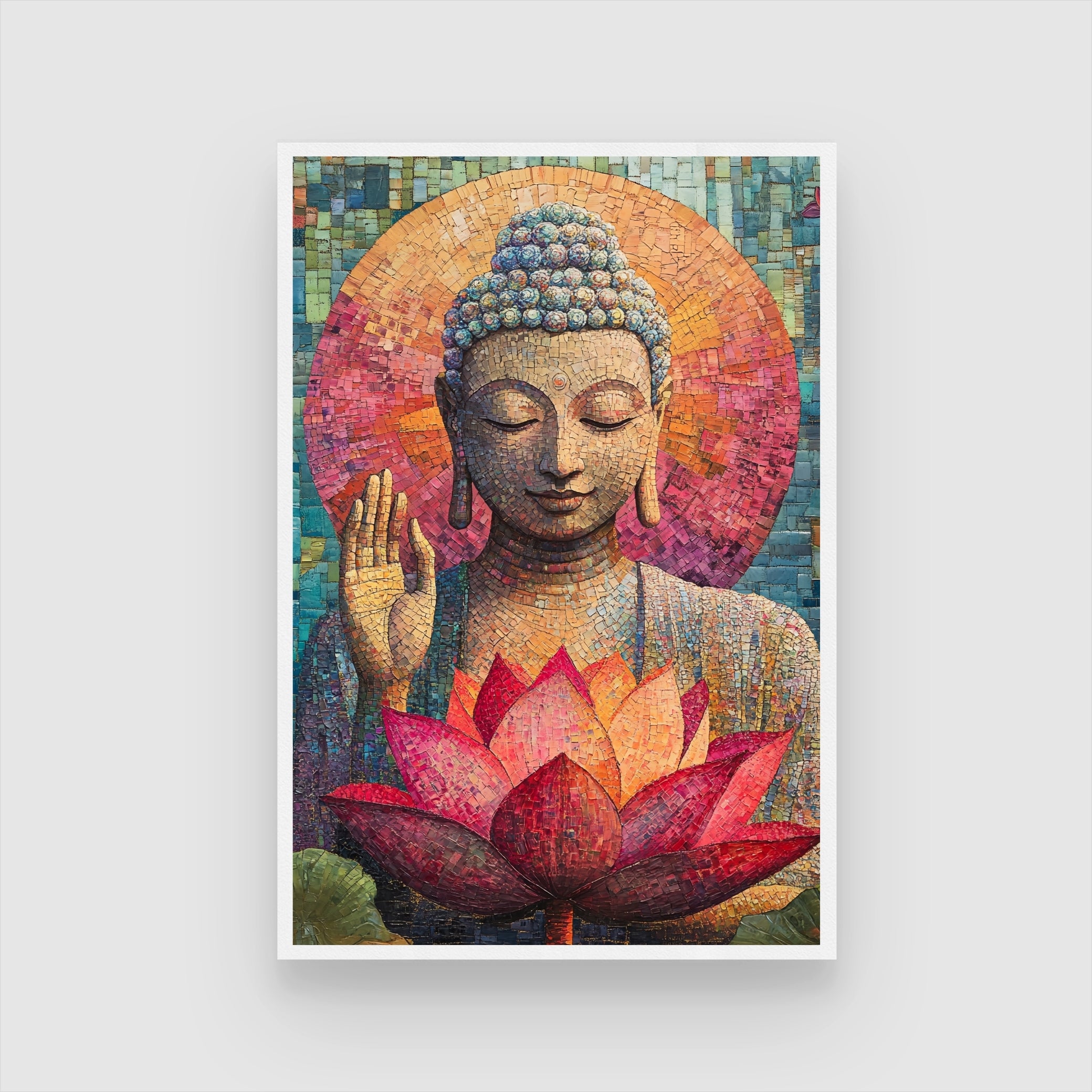 Divine Mosaic Buddha with Lotus – Spiritual Wall Art 2 : 3 Vertical Premium Wall Art Canvas by MeriDeewar