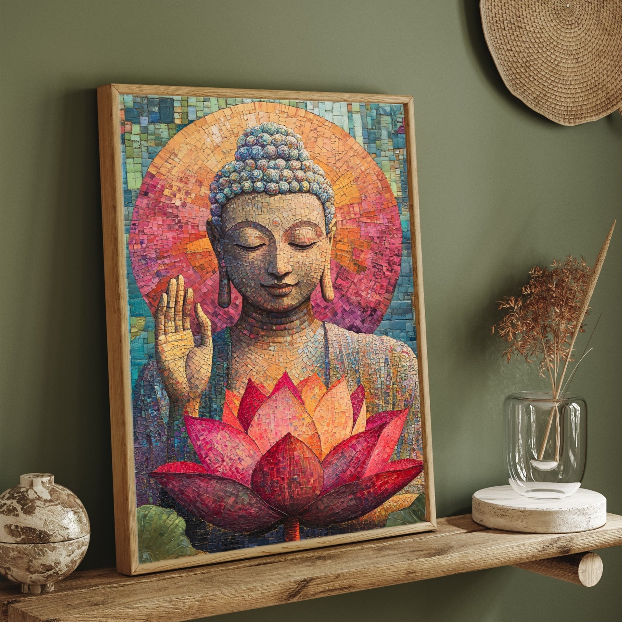 Divine Mosaic Buddha with Lotus – Spiritual Wall Art 2 : 3 Vertical Premium Wall Art Canvas by MeriDeewar