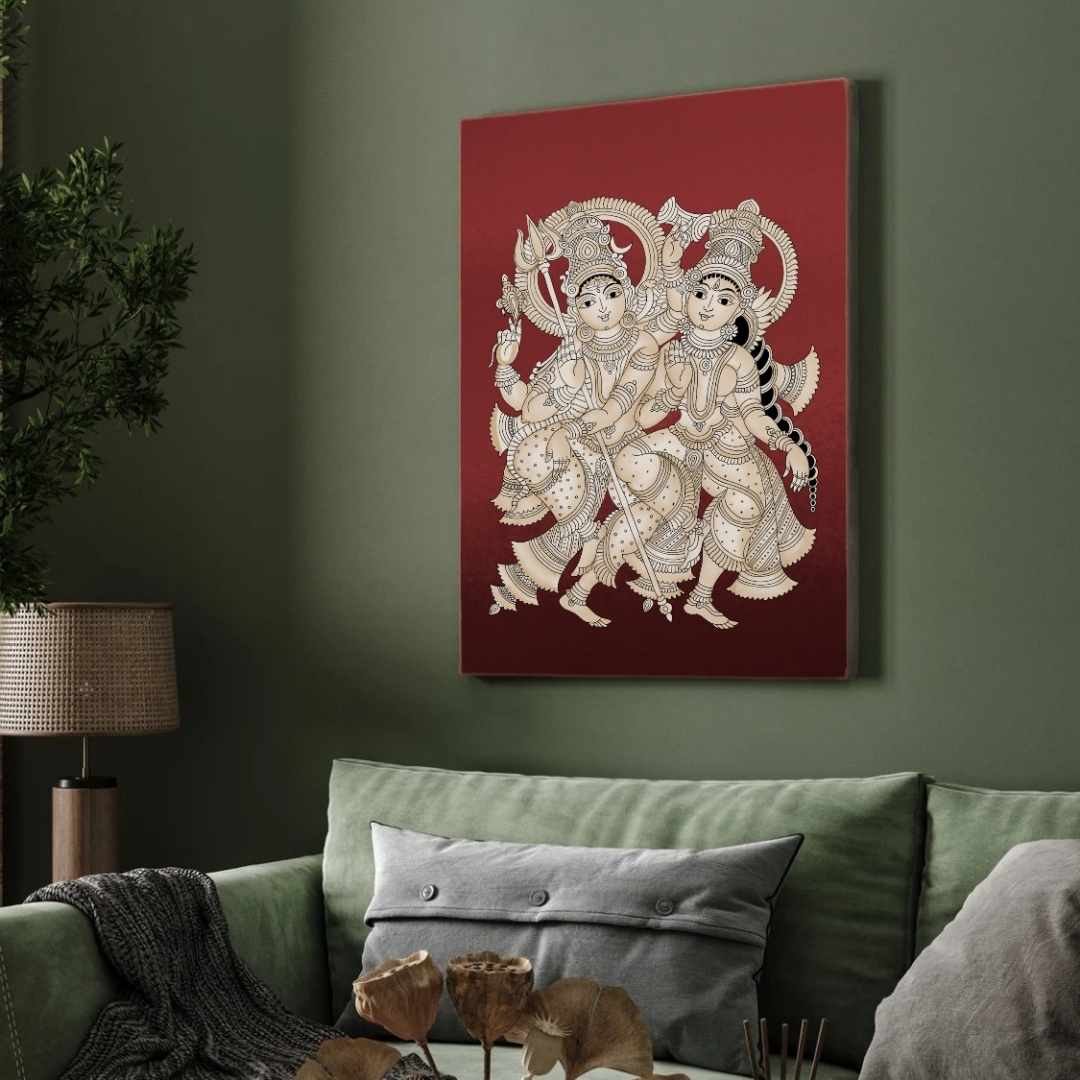 "Divine Shiva Parvati" Traditional Indian Folk Art Giclée Print | Fine Art Wall Art 3 : 4 Vertical Premium Wall Art Canvas by MeriDeewar
