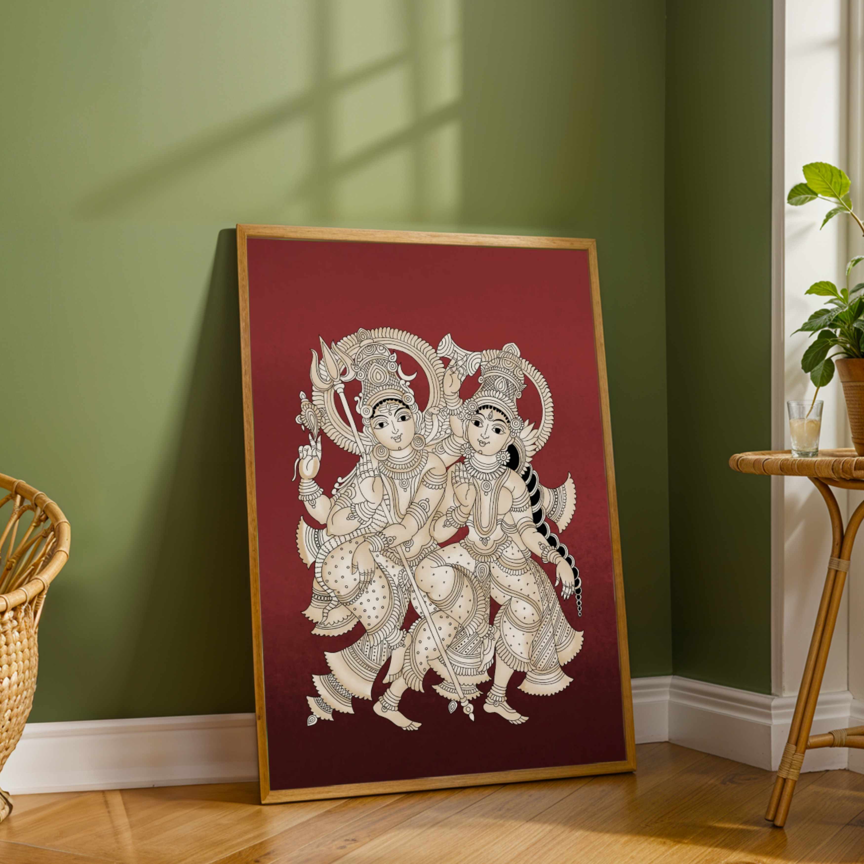 "Divine Shiva Parvati" Traditional Indian Folk Art Giclée Print | Fine Art Wall Art 3 : 4 Vertical Premium Wall Art Canvas by MeriDeewar