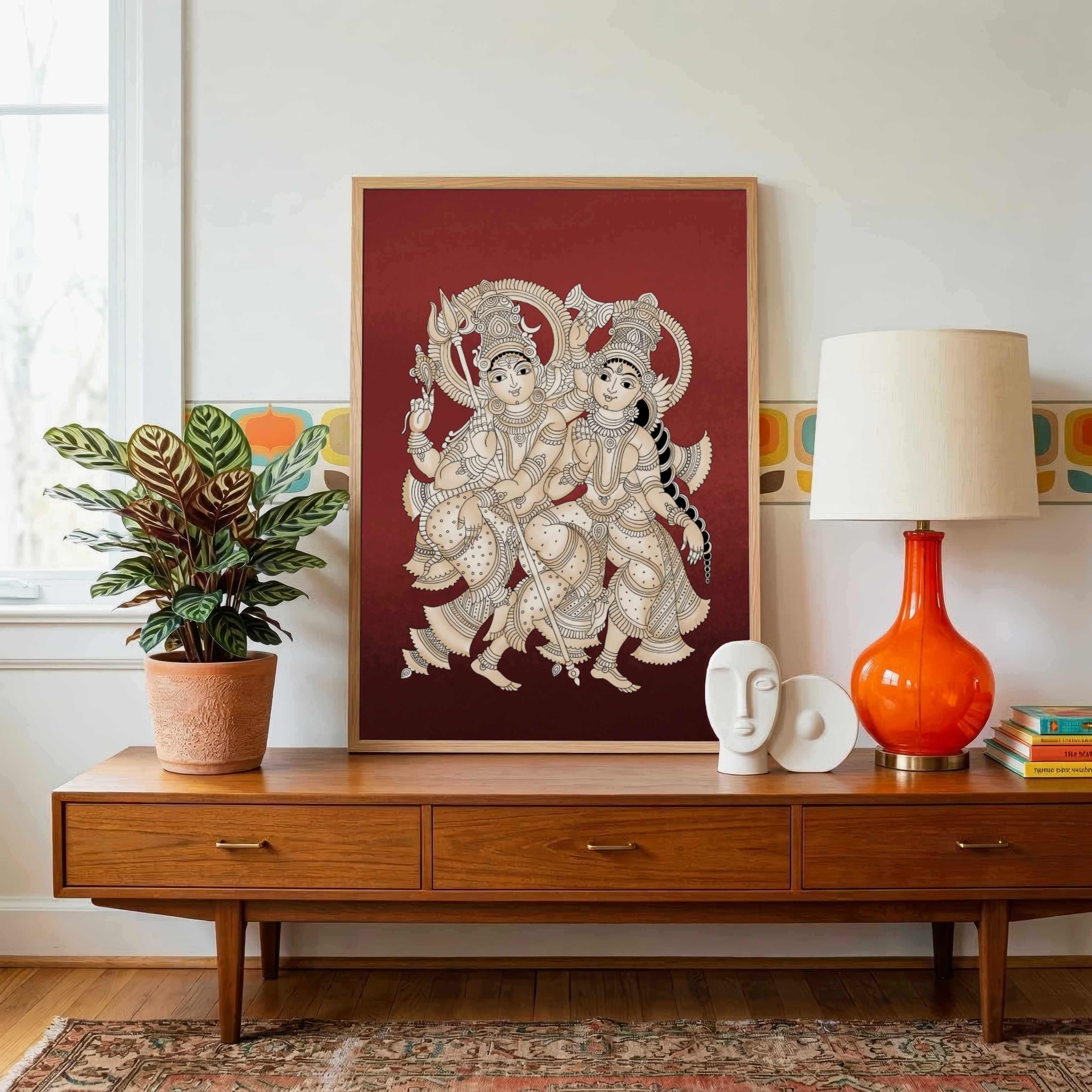 "Divine Shiva Parvati" Traditional Indian Folk Art Giclée Print | Fine Art Wall Art 3 : 4 Vertical Premium Wall Art Canvas by MeriDeewar