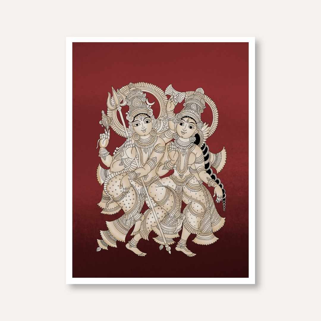 "Divine Shiva Parvati" Traditional Indian Folk Art Giclée Print | Fine Art Wall Art 3 : 4 Vertical Premium Wall Art Canvas by MeriDeewar