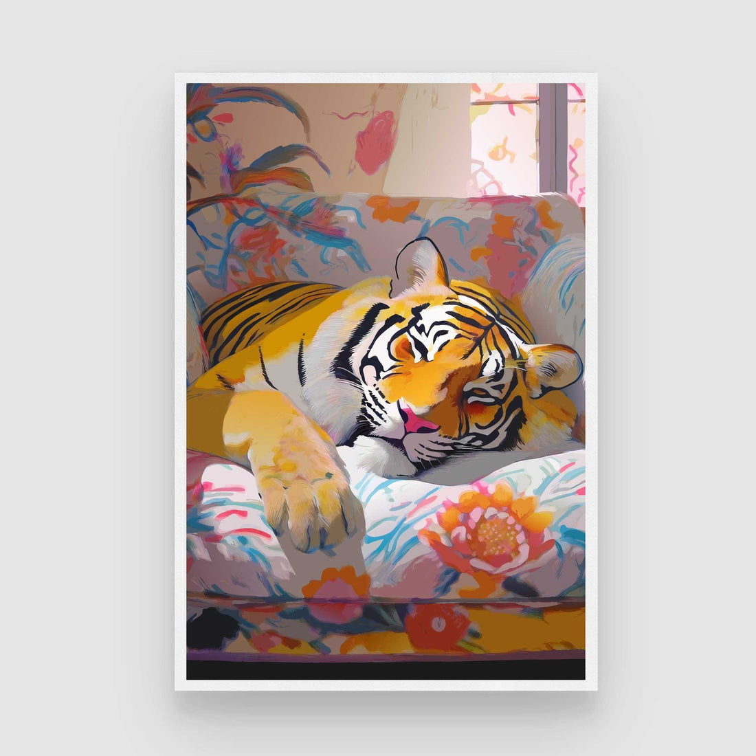 Dreamy Sleeping Tiger Floral Pop Art | Cozy Maximalist Framed Print 2 : 3 Vertical Premium Wall Art Canvas by MeriDeewar