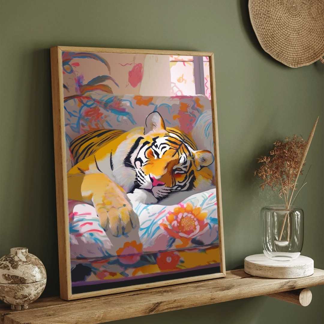 Dreamy Sleeping Tiger Floral Pop Art | Cozy Maximalist Framed Print 2 : 3 Vertical Premium Wall Art Canvas by MeriDeewar