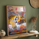 Dreamy Sleeping Tiger Floral Pop Art | Cozy Maximalist Framed Print 2 : 3 Vertical Premium Wall Art Canvas by MeriDeewar