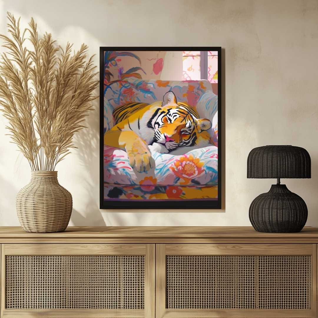 Dreamy Sleeping Tiger Floral Pop Art | Cozy Maximalist Framed Print 2 : 3 Vertical Premium Wall Art Canvas by MeriDeewar