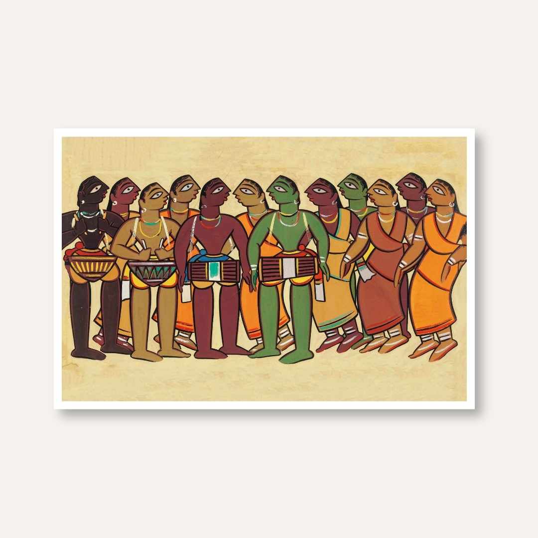 "Drummers and Dancers" Jamini Roy Painting | Fine Art Wall Art 3 : 2 Horizontal Premium Wall Art Canvas by MeriDeewar