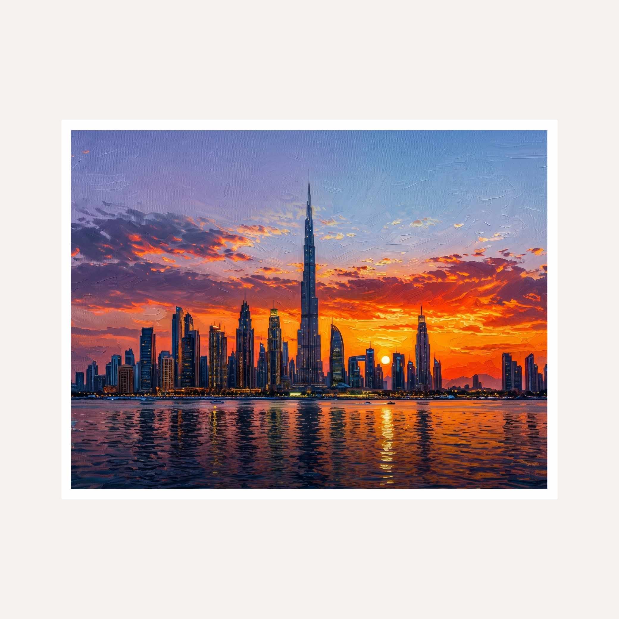 "Dubai Sunset Skyline" Burj Khalifa Architecture Giclée Print | Fine Art Wall Art 2 : 3 Horizontal Premium Wall Art Canvas by MeriDeewar