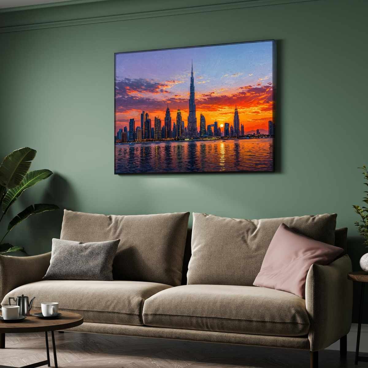 "Dubai Sunset Skyline" Burj Khalifa Architecture Giclée Print | Fine Art Wall Art 2 : 3 Horizontal Premium Wall Art Canvas by MeriDeewar