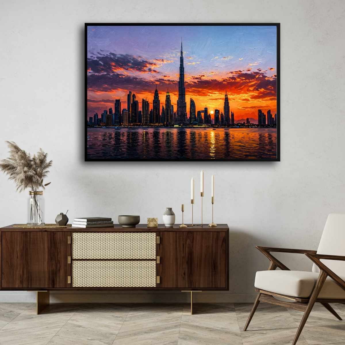"Dubai Sunset Skyline" Burj Khalifa Architecture Giclée Print | Fine Art Wall Art 2 : 3 Horizontal Premium Wall Art Canvas by MeriDeewar